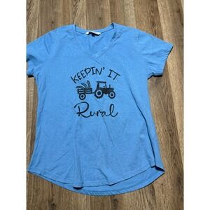 Heritage Charm Shirts Women's Size Medium Blue V-Neck "Keepin' It Rural" Tractor
